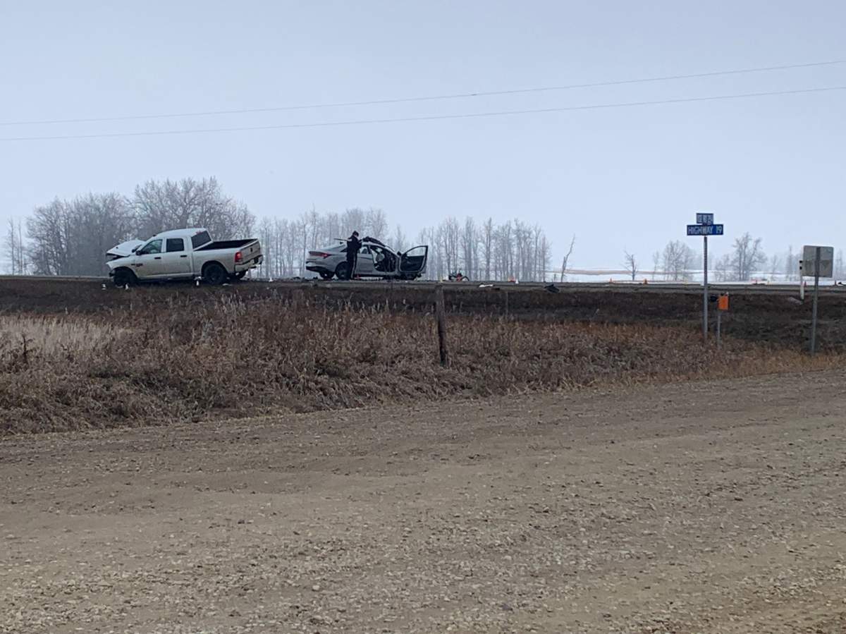 A two-vehicle crash on Highway 19 near Range Road 254 in Leduc County on Friday, March 31, 2023.