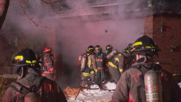 Firefighters battle a blaze in the area of Neilson Road and Oakmeadow Boulevard.
