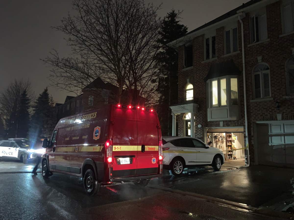 Fire truck outside a home on Brussel Street that caught on fire in Etobicoke on March 23, 2023.