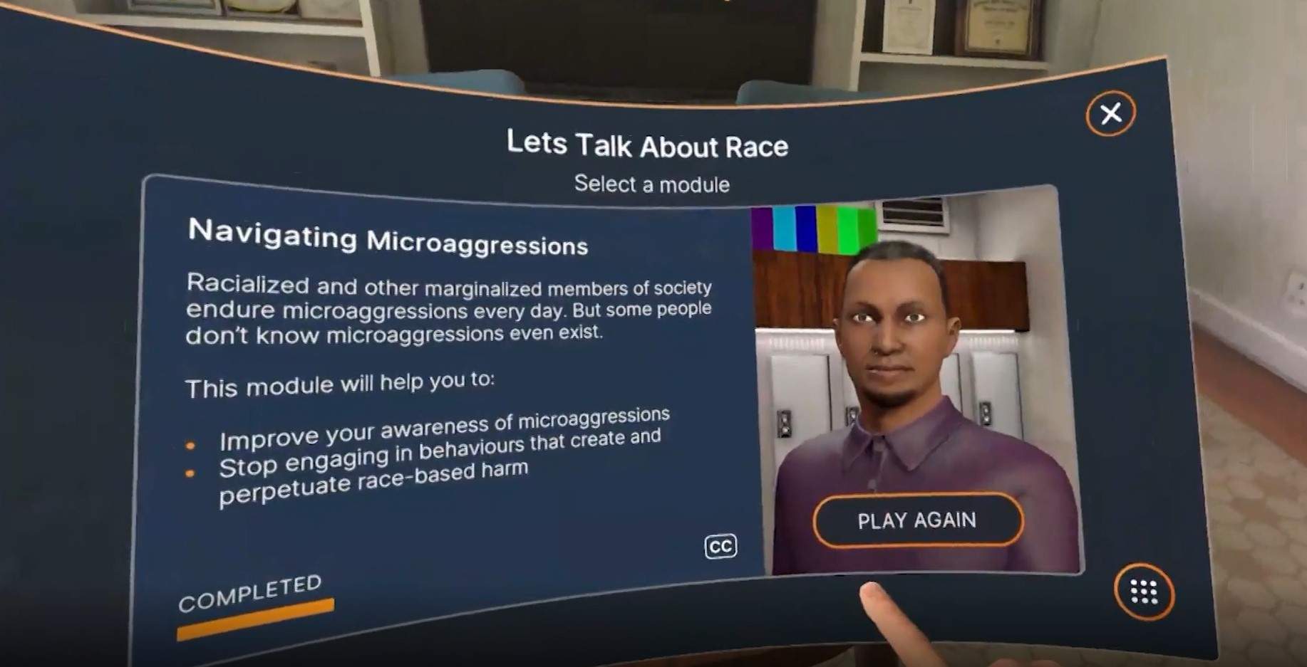 A glimpse at the menu of the Navigating Microaggressions of the Bodyswaps "Let's Talk About Race" VR series.