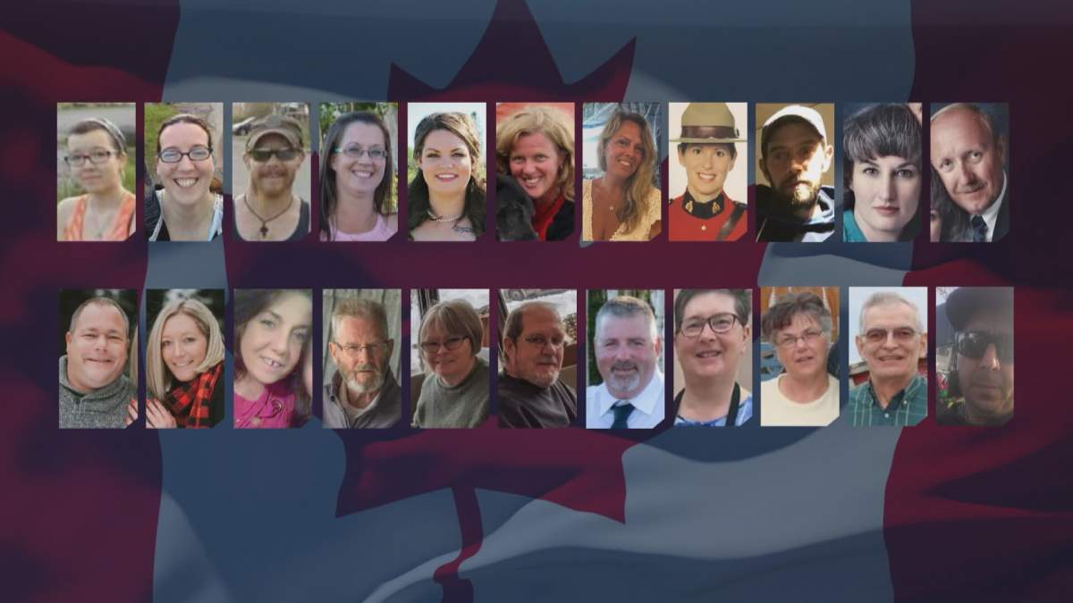 The 22 victims of the Nova Scotia shooting: Emily Tuck, Jolene Oliver, Aaron Tuck, Jamie Blair, Kristen Beaton,  Lisa McCully, Gina Goulet, Const. Heidi Stevenson, Joey Webber, Joanne Thomas, John Zahl, Sean McLeod, Alanna Jenkins, Heather O’Brien, Tom Bagley, Dawn Gulenchyn, Frank Gulenchyn, Greg Blair, Lillian Campbell, Joy Bond, Peter Bond, and Corrie Ellison.