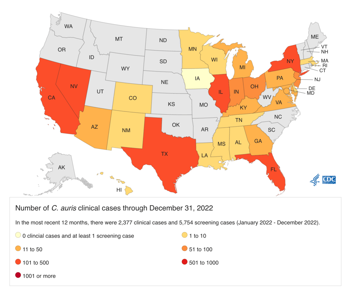Map showing the distribution of C. auris infections in the U.S. in 2022.