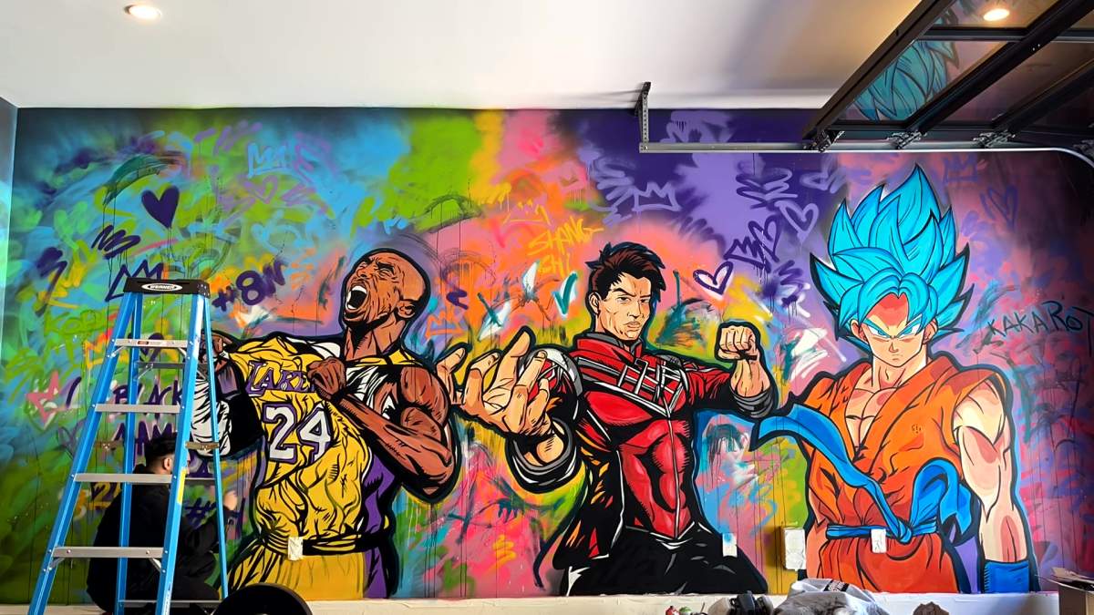 The mural Edmonton artist Rahmaan Hameed created for Canadian actor and Marvel superhero Simu Liu at his home in Los Angeles.
