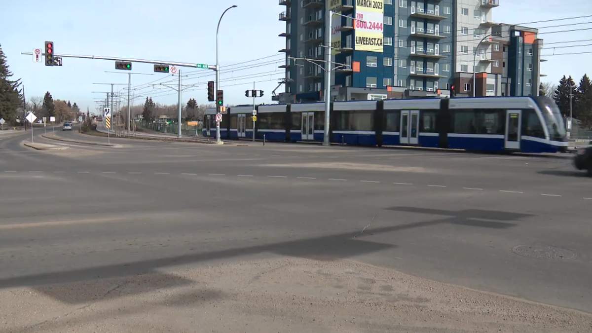 The Valley Line LRT crossing Connors Road/90 Avenue in south Edmonton on Wednesday, March 29, 2023.