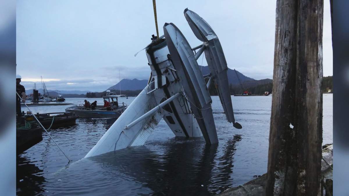 A float plane was severely damaged after a crash involving a water taxi in Tofino 2021.