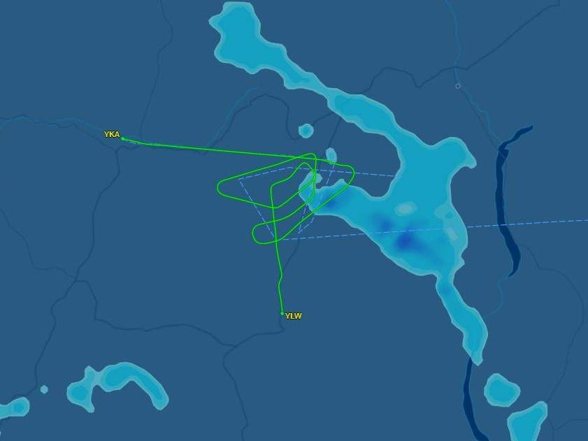 The plane’s detoured flight path from Kamloops to Kelowna.