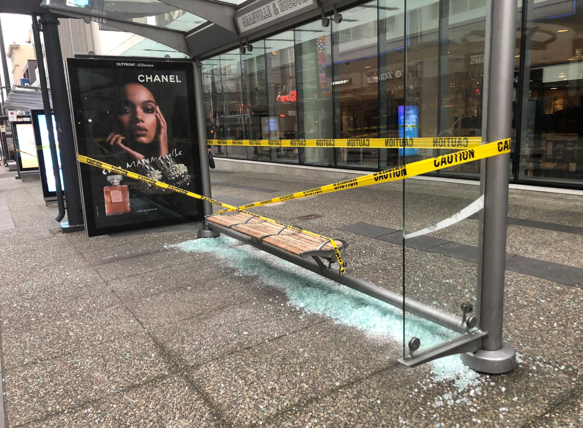A man with a hammer smashed roughly 20 panes of glass on downtown Vancouver bus shelters early in the morning on Tues. March 21, 2023.