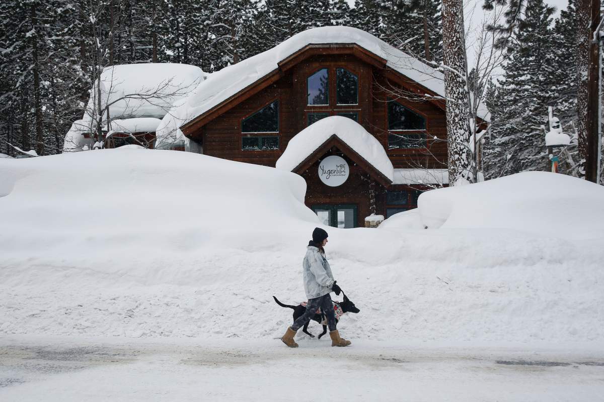 A woman walks her dog past a shop almost completely covered by surrounding snow piles.