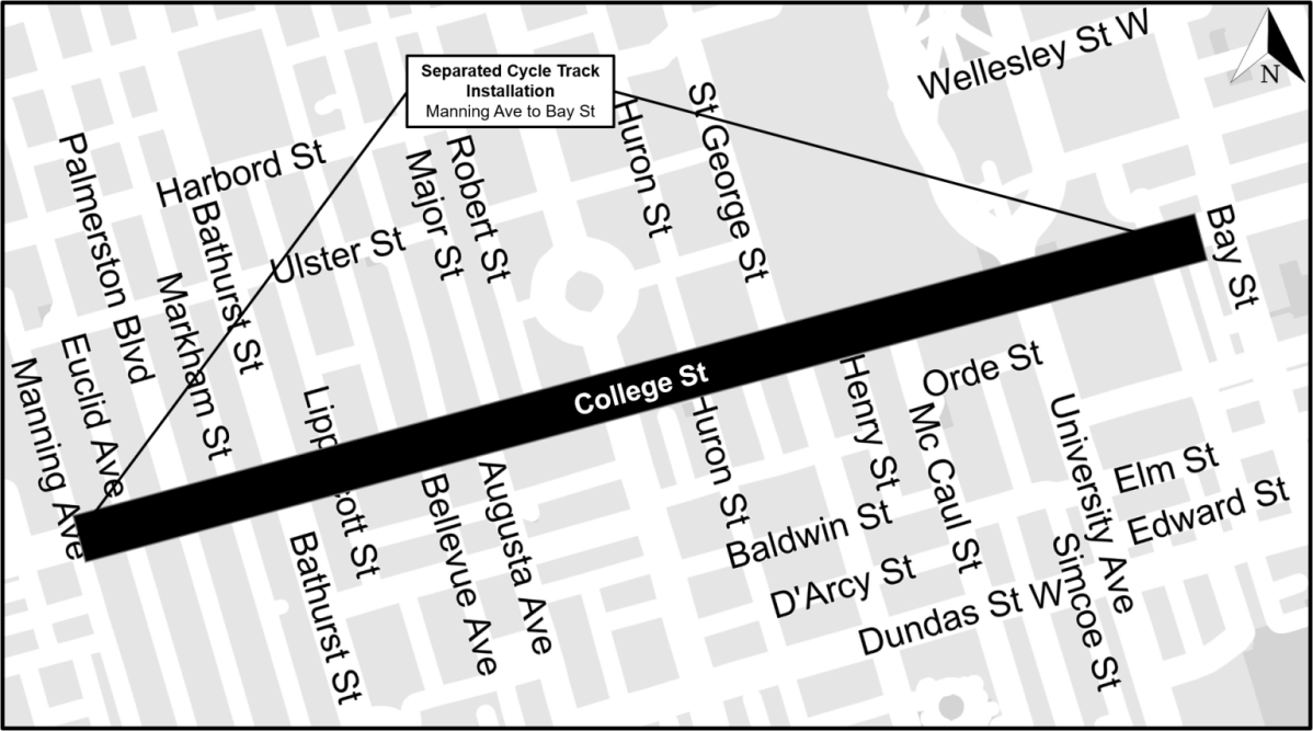 The construction area on College Street from Manning Avenue to Bay Street.