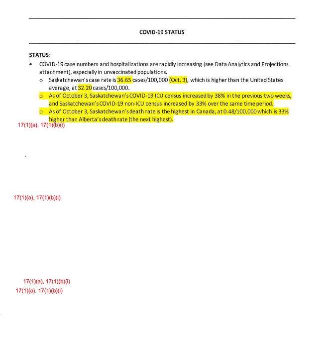 Internal briefing notes from Dr. Shahab’s office state Saskatchewan’s death rate is 33 per higher than Alberta’s. The highlighting is from government employees.