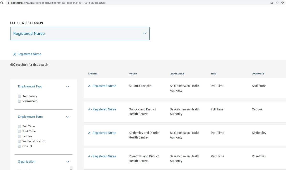 A website for careers in healthcare in Saskatchewan shows hundreds of registered nurse jobs available.