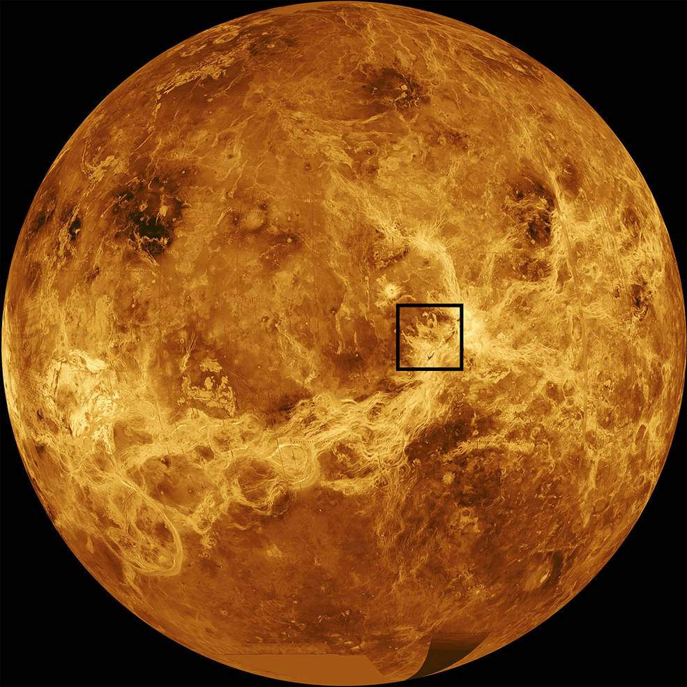 This annotated, computer-simulated global map of Venus’ surface is assembled from data from NASA’s Magellan and Pioneer Venus Orbiter missions. Maat Mons, the volcano that has exhibited signs of a recent eruption, is within the black square near the planet’s equator.