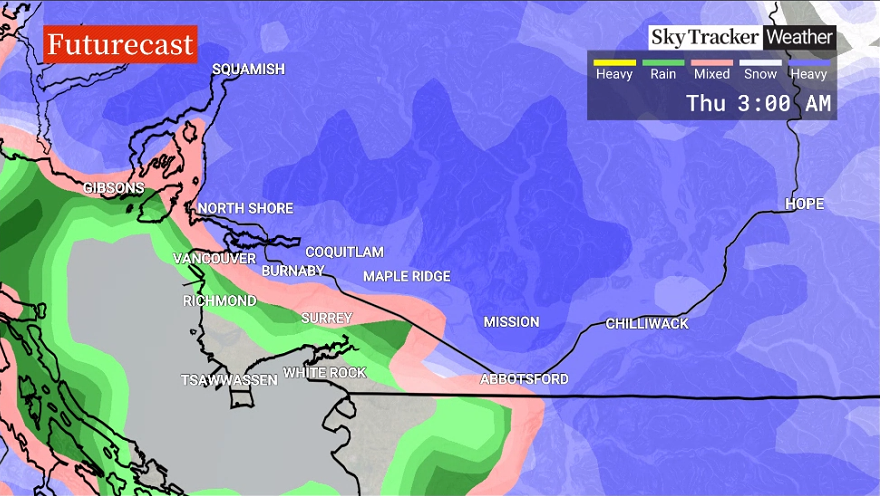A Global BC weather model showing incoming precipitation for Wednesday.