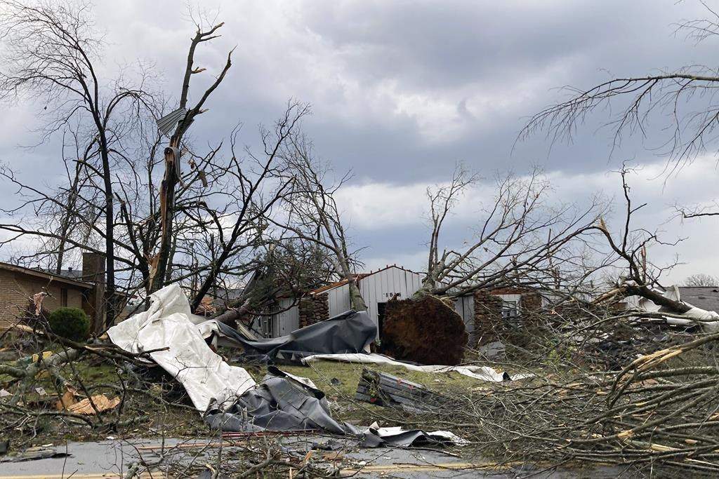 A home is damaged and trees are down after a tornado swept through Little Rock, Ark., Friday, March 31, 2023.