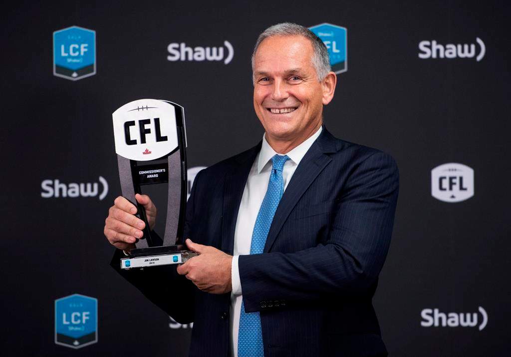 Woodbine Entertainment CEO Jim Lawson plans to step down from his post sometime this fall. Lawson poses with the trophy for the 2019 Commissioner's Award at the CFL Awards, in Calgary, Thursday, Nov. 21, 2019. THE CANADIAN PRESS/Nathan Denette.