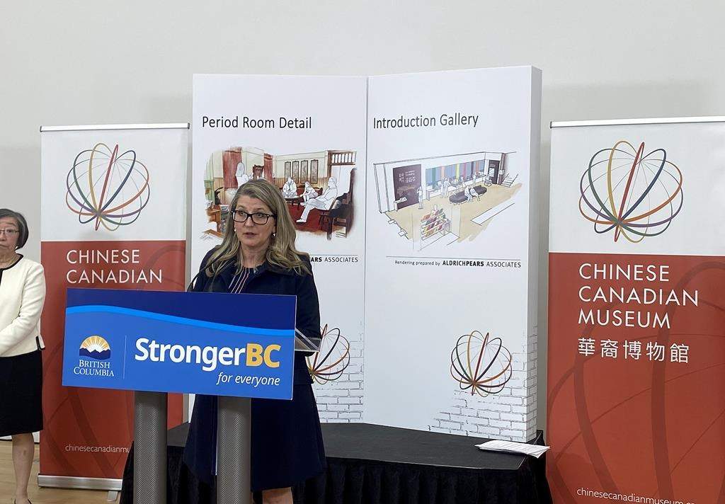 Lana Popham, B.C. Minister of Tourism, Arts, Culture and Sport, speaks during a press conference in Vancouver, B.C., Wed. April 12, 2023.