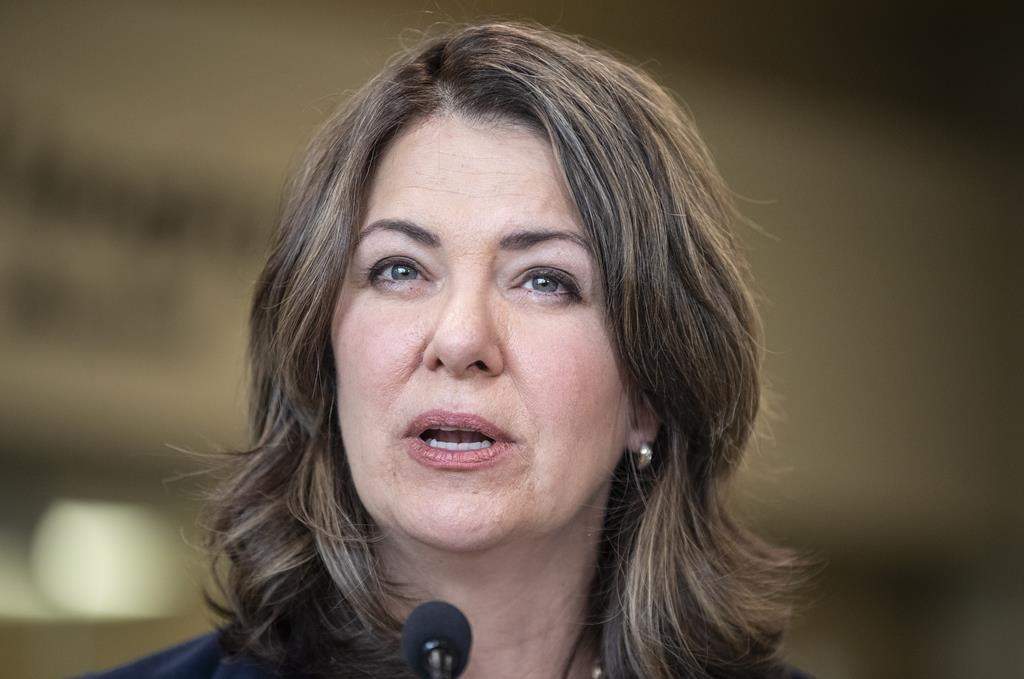 Alberta Premier Danielle Smith announces a public health guarantee in Sherwood Park, Alta., Tuesday, April 11, 2023.