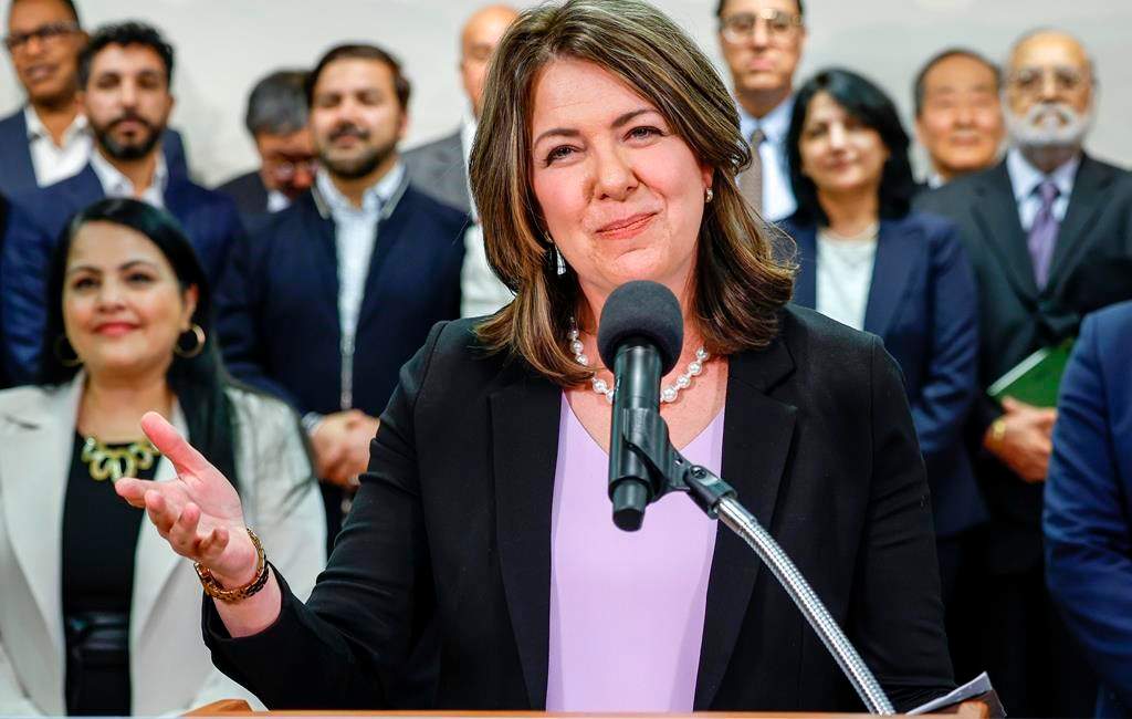 Alberta Premier Danielle Smith, makes an announcement at the Chinese Cultural Centre in Calgary, Alta., Friday, April 14, 2023.