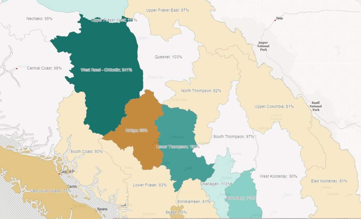 A map showing snowpack levels throughout B.C.’s Interior on Wednesday, April 12, 2023.