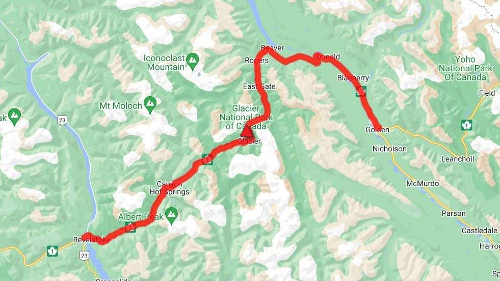 A map showing the 150-kilometre travel advisory along the Trans-Canada Highway in B.C.’s Southern Interior.