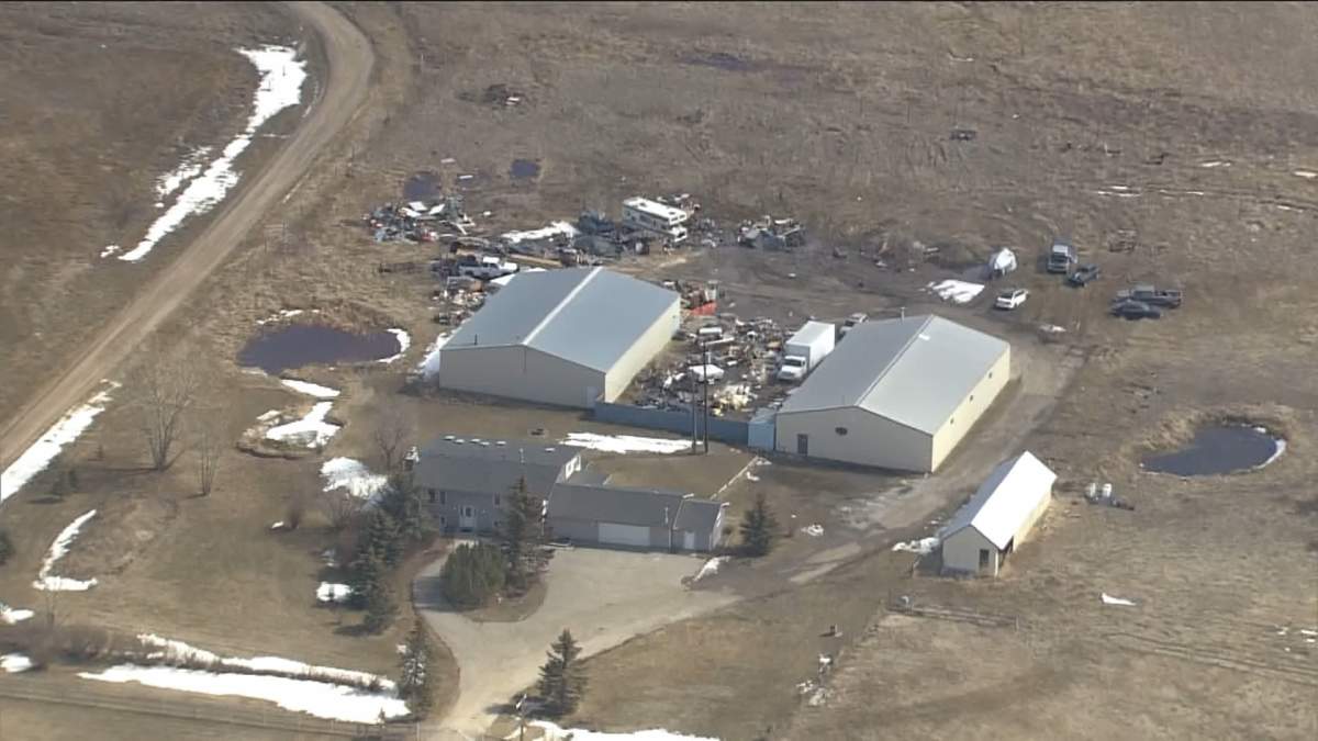 An acreage on Vale View Road east of Chestermere in Rocky View County, where police carried out a large forensic investigation in April 2023. Richard Robert Mantha was later charged with several crimes, including kidnapping and sexual assault.