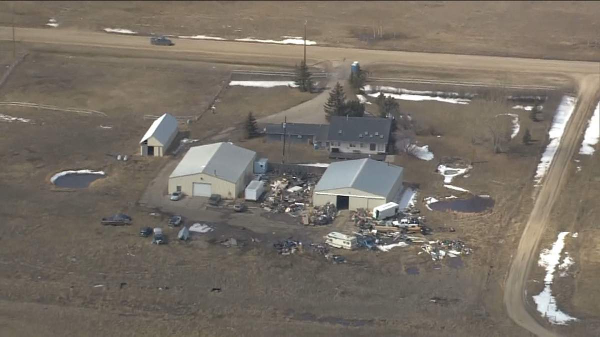 An acreage on Vale View Road east of Chestermere in Rocky View County, where police carried out a large forensic investigation in April 2023. Richard Robert Mantha was later charged with several crimes, including kidnapping and sexual assault.