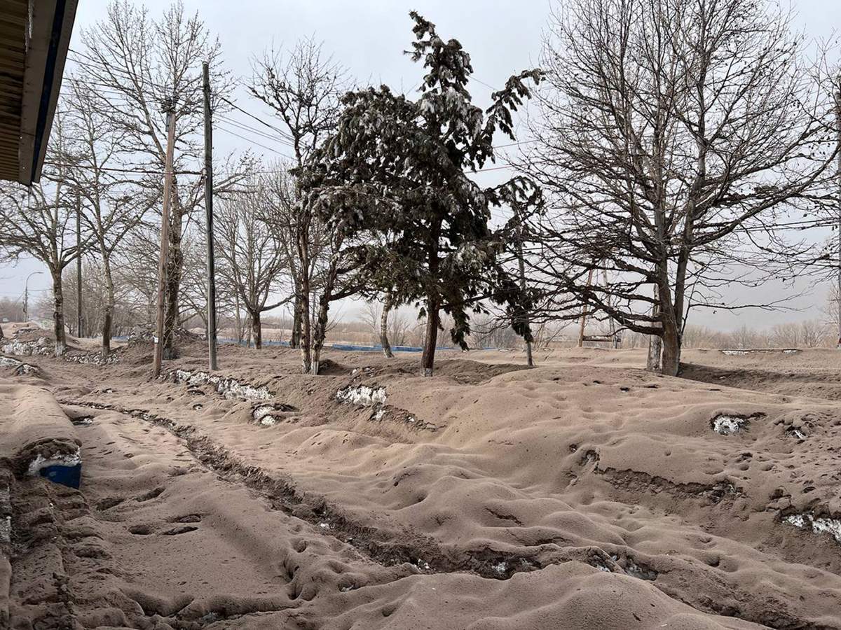 This handout photo shows volcanic ash covering the ground in Ust-Kamchatsky district after the Shiveluch volcano’s eruption on Tuesday.