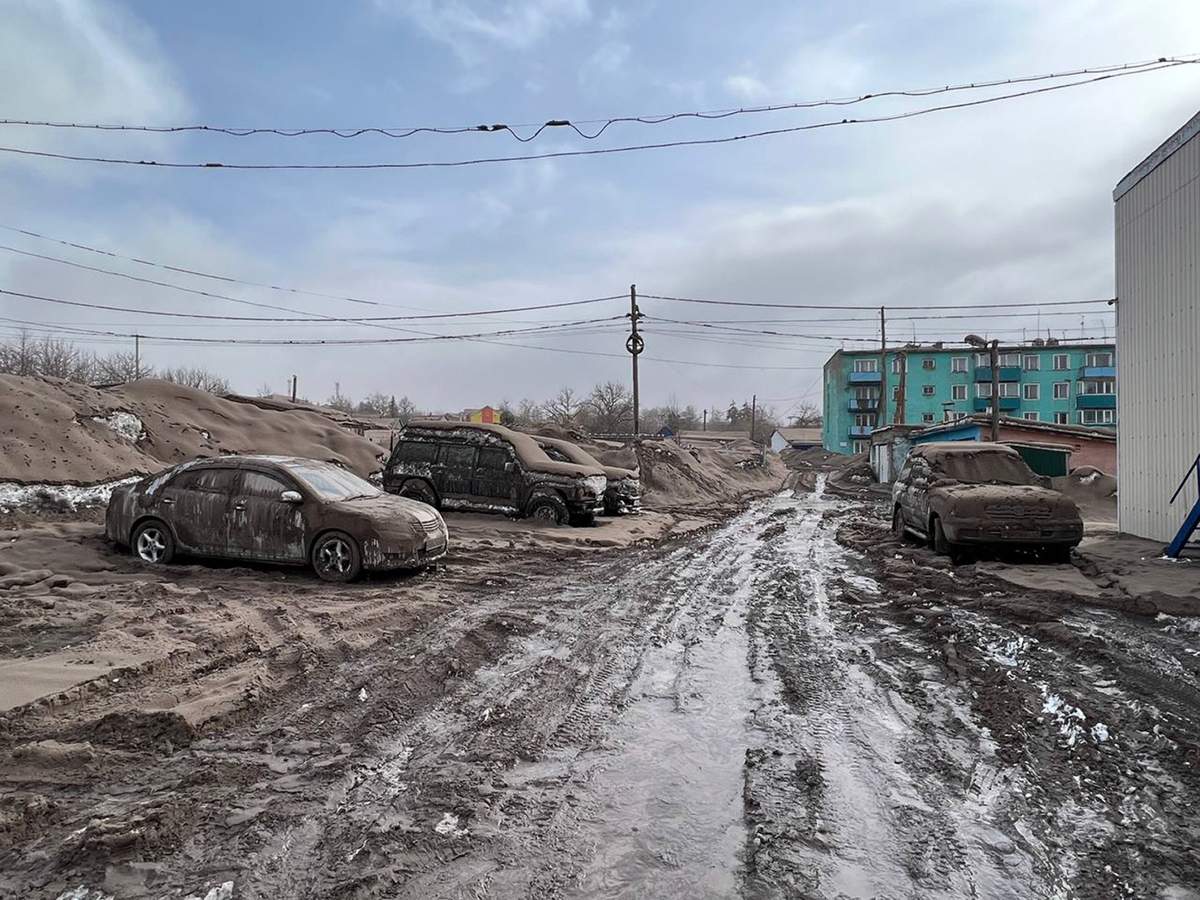 This handout photo shows volcanic ash covering the ground in Ust-Kamchatsky district after the Shiveluch volcano's eruption on the Kamchatka Peninsula in Russian far east.
