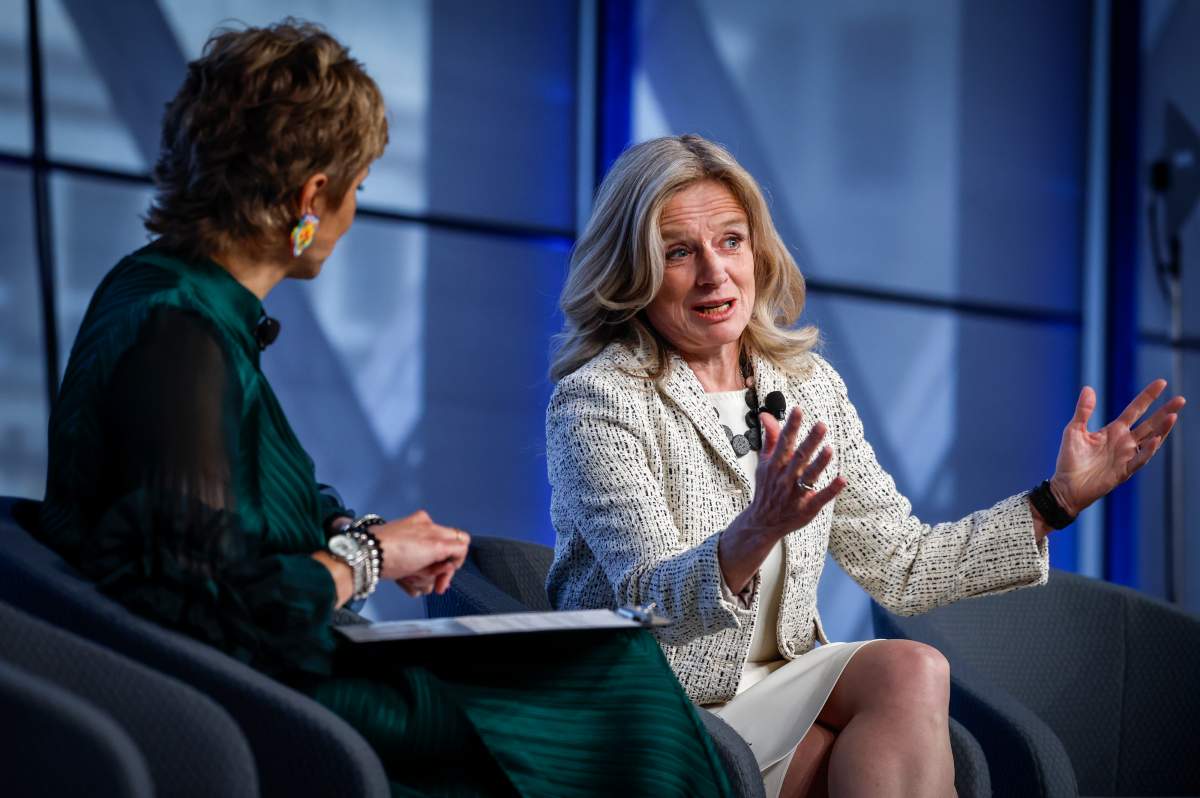 Calgary Mayor Jyoti Gondek, left, interviews Alberta NDP Leader Rachel Notley at an economic forum in Calgary, Alta., Tuesday, April 18, 2023.