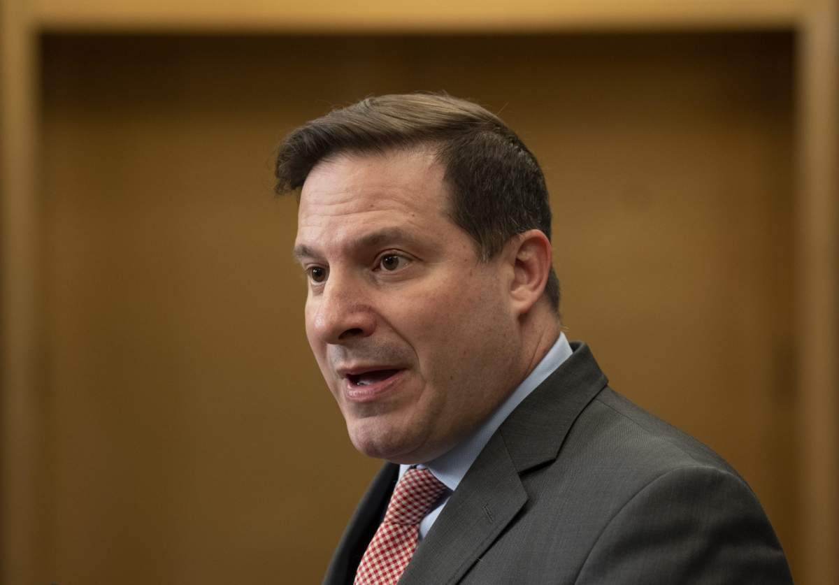 Public Safety Minister Marco Mendicino speaks about the governments firearms buyback program in the Foyer of the House of Commons, Wednesday, April 26, 2023 in Ottawa.  THE CANADIAN PRESS/Adrian Wyld.