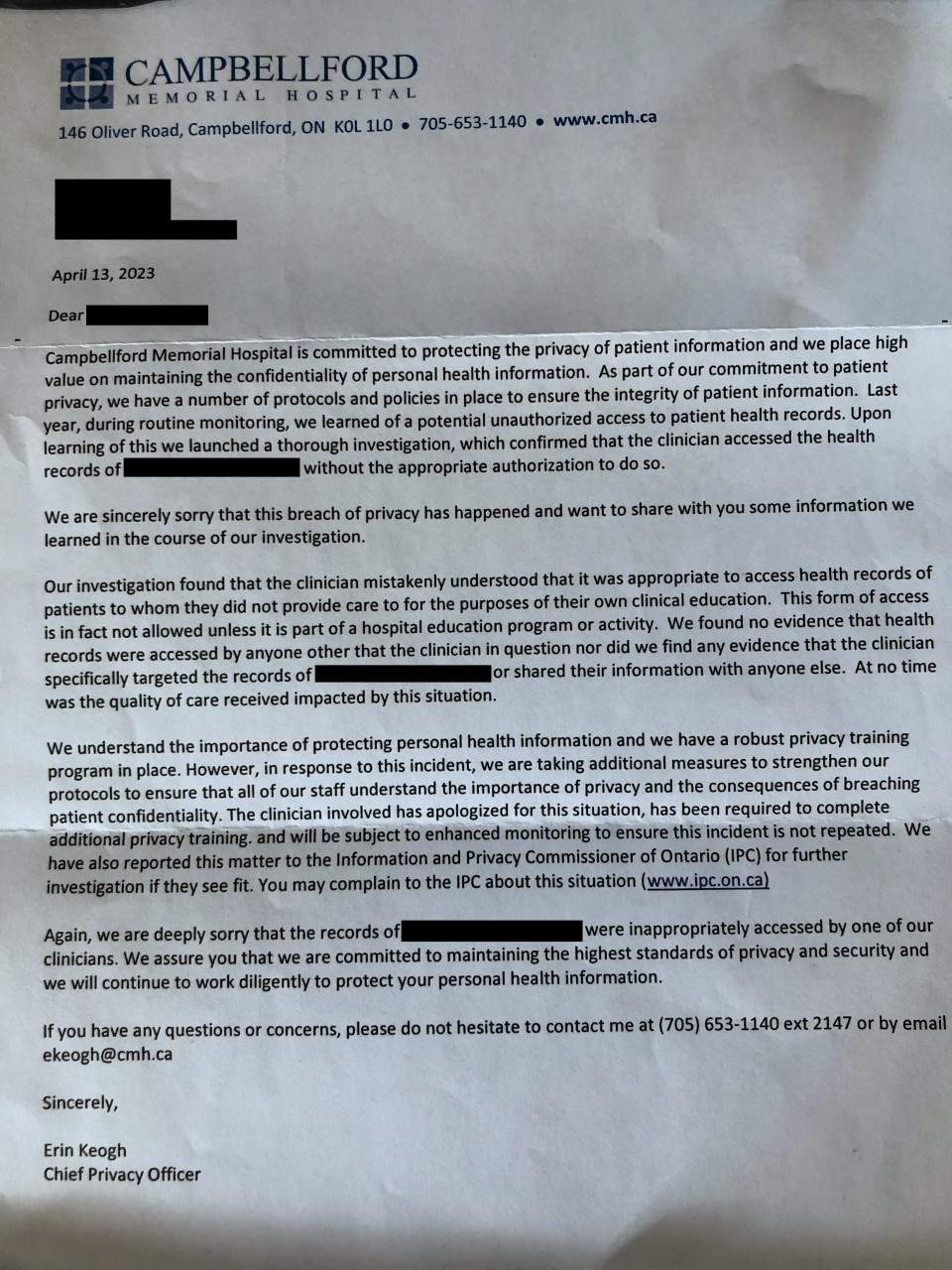 Letters such as this one have been sent to patients informing them of a privacy breach at Campbellford Memorial Hospital.