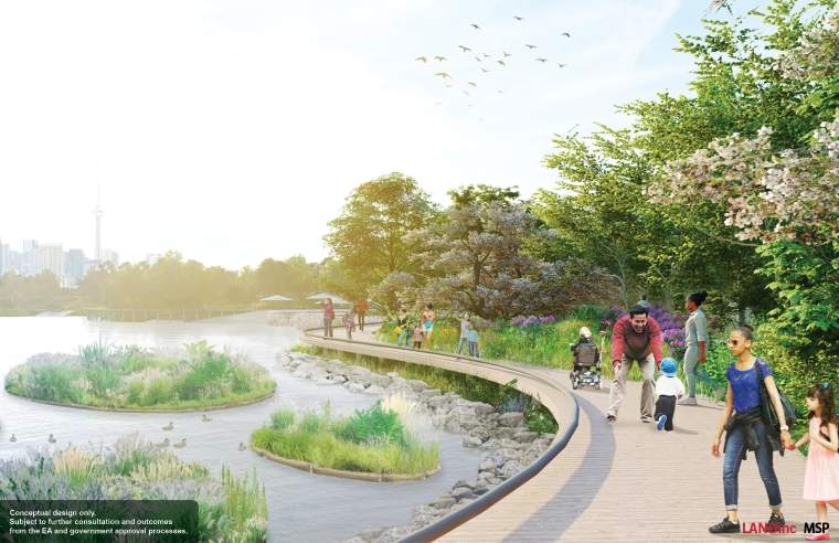 The area will include a boardwalk and floating wetlands, shown in the renders.