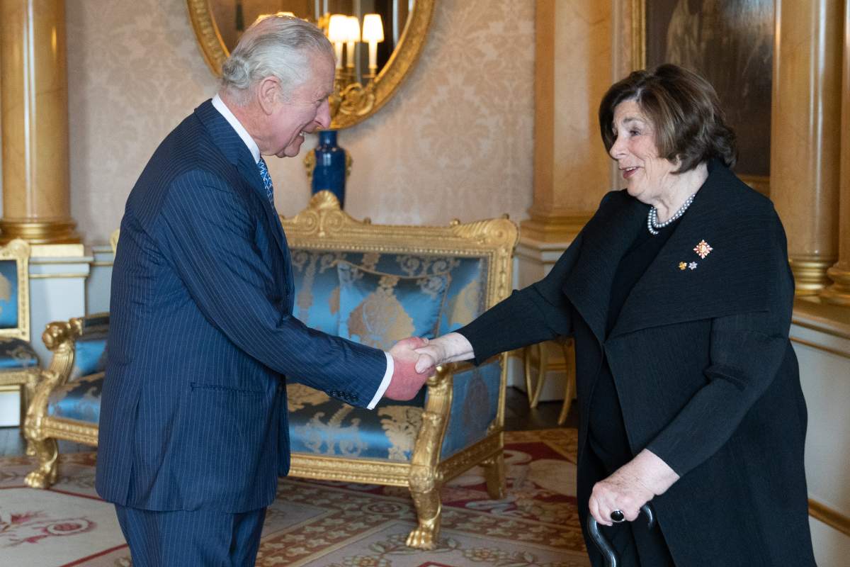 King Charles III receives Manitoba Lt.-Gov. Anita Neville during an audience at Buckingham Palace on April 27, 2023 in London, England.