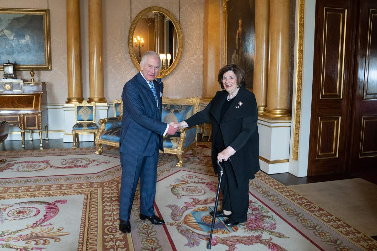 King Charles III receives the lieutenant-governor of Manitoba, Anita Neville, during an audience at Buckingham Palace on April 27, 2023 in London, England.