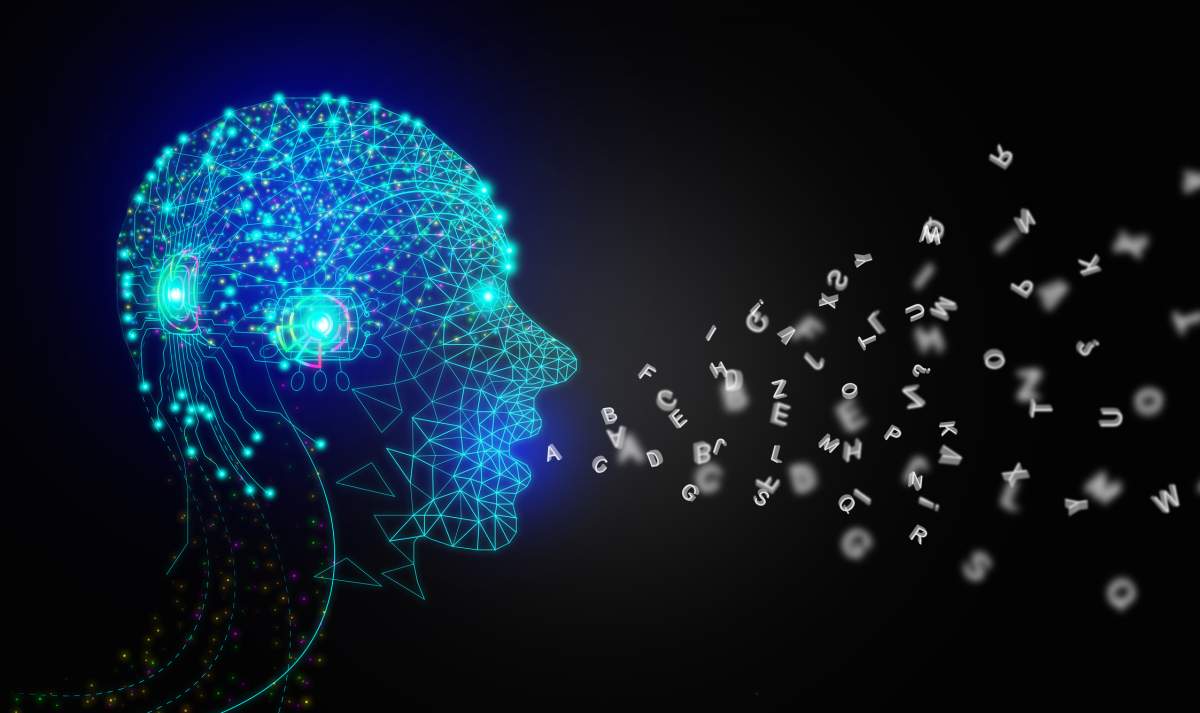 Illustration of an AI speaking letters.