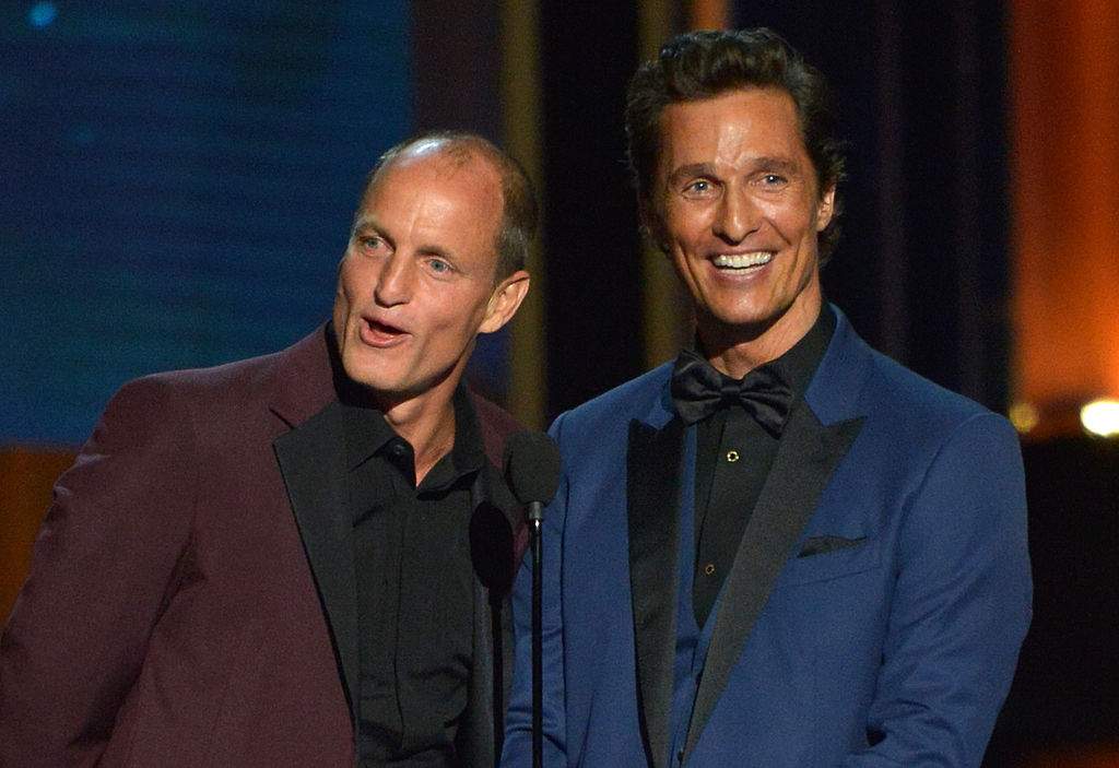 Actors Woody Harrelson (L) and Matthew McConaughey speak onstage at the 66th Annual Primetime Emmy Awards held at Nokia Theatre L.A. Live on August 25, 2014 in Los Angeles, California.