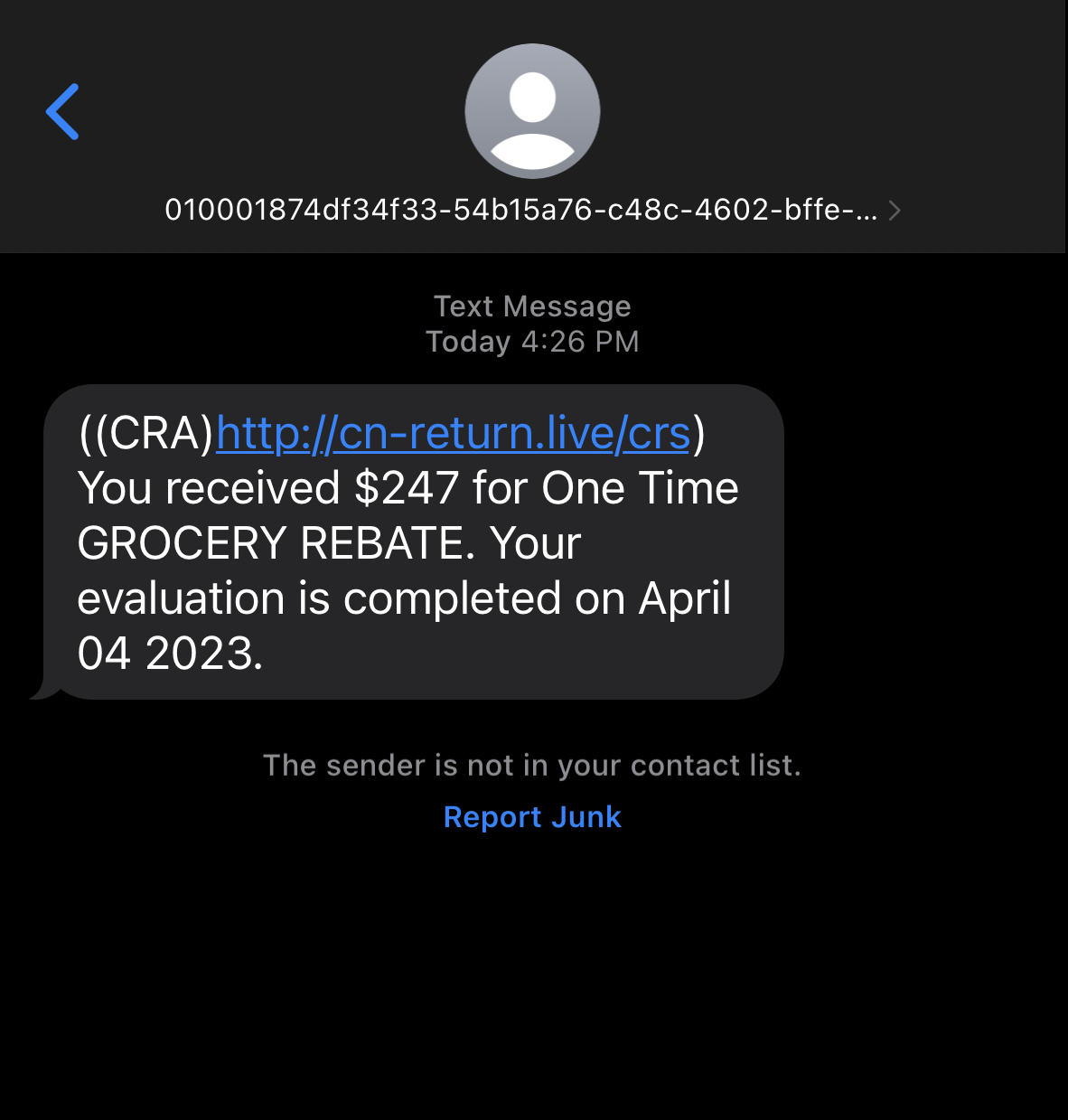 A screenshot of a phishing scam on a cellphone.