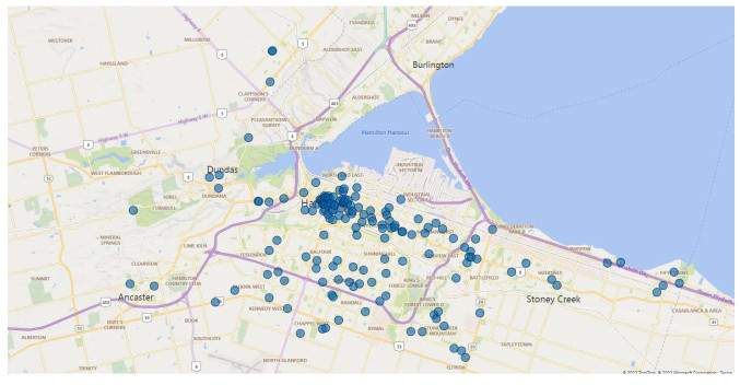 A geographical map of where hate/bias occurrences (crimes and incidents) took place for all of 2022 in Hamilton, Ont.