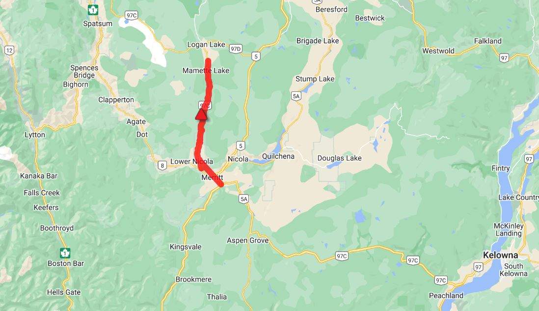 A map showing Highway 97C north of Merritt closed to traffic because of a wildfire.