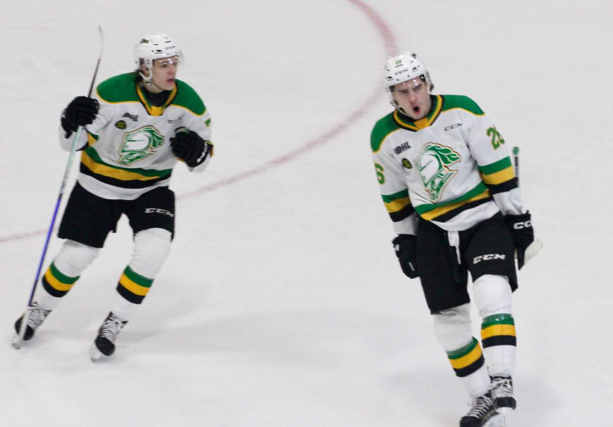 Ryan Winterton celebrates a goal for the London Knights.