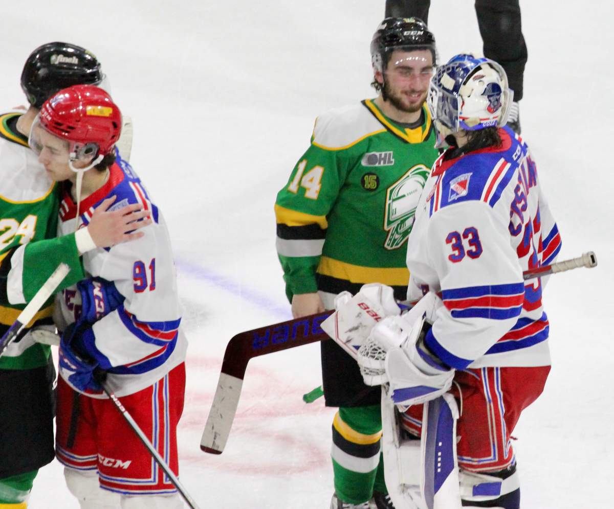 The London Knights and the Kitchener Rangers shake hands at the end of their second round series.
