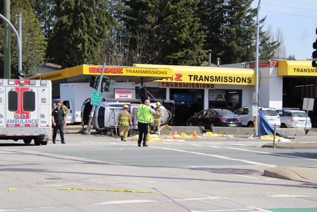 The scene of a crash in Maple Ridge on April 27, 2023. The intersection of Lougheed and Laity Street was closed.