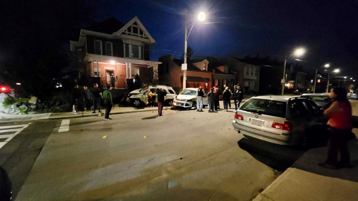 Police investigate a fatal crash in downtown Hamilton near the intersection of Barton Street East and MacNab Street North on April 25, 2023.