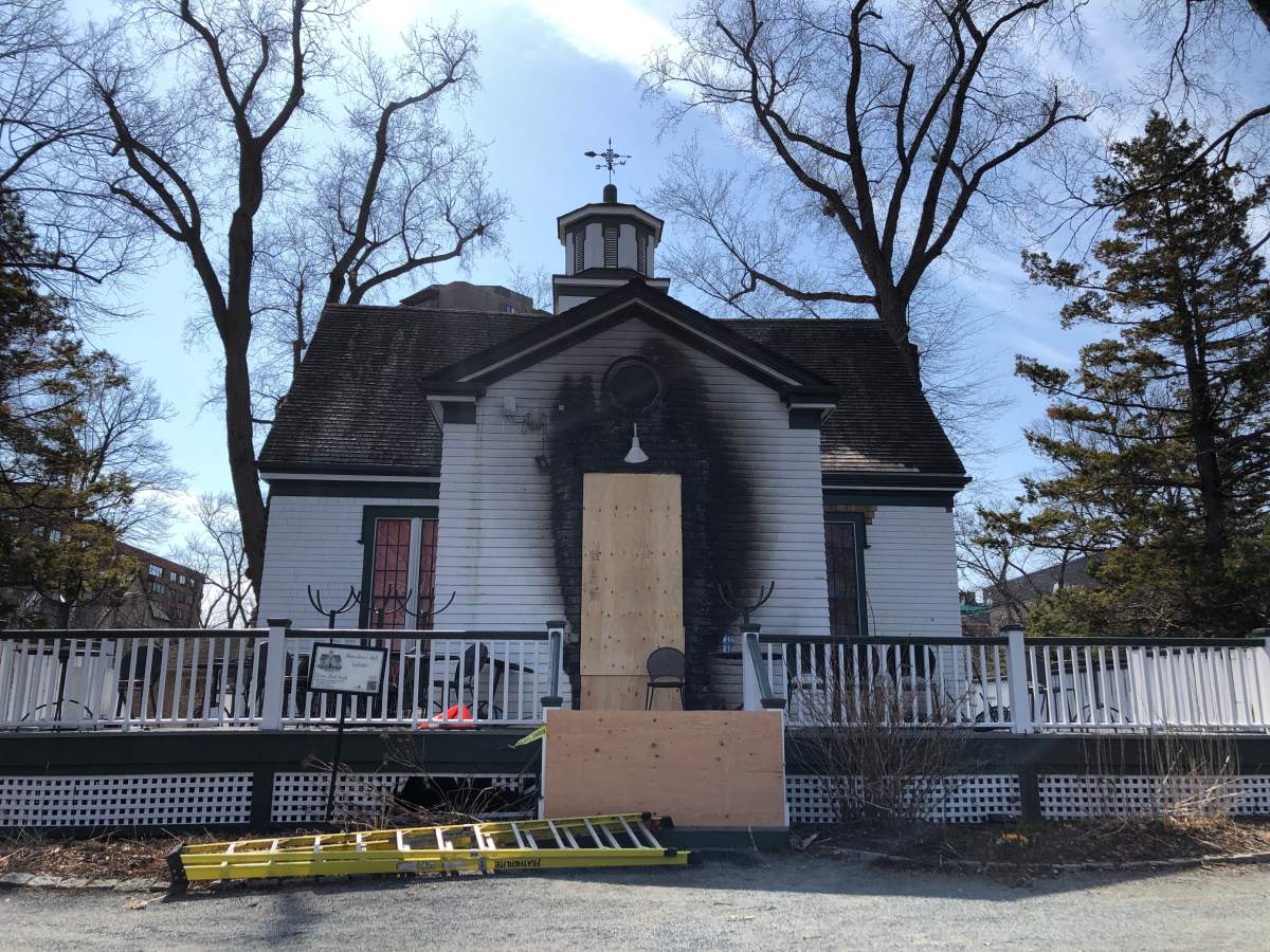 The door of the Horticultural Hall was badly damaged in the blaze.