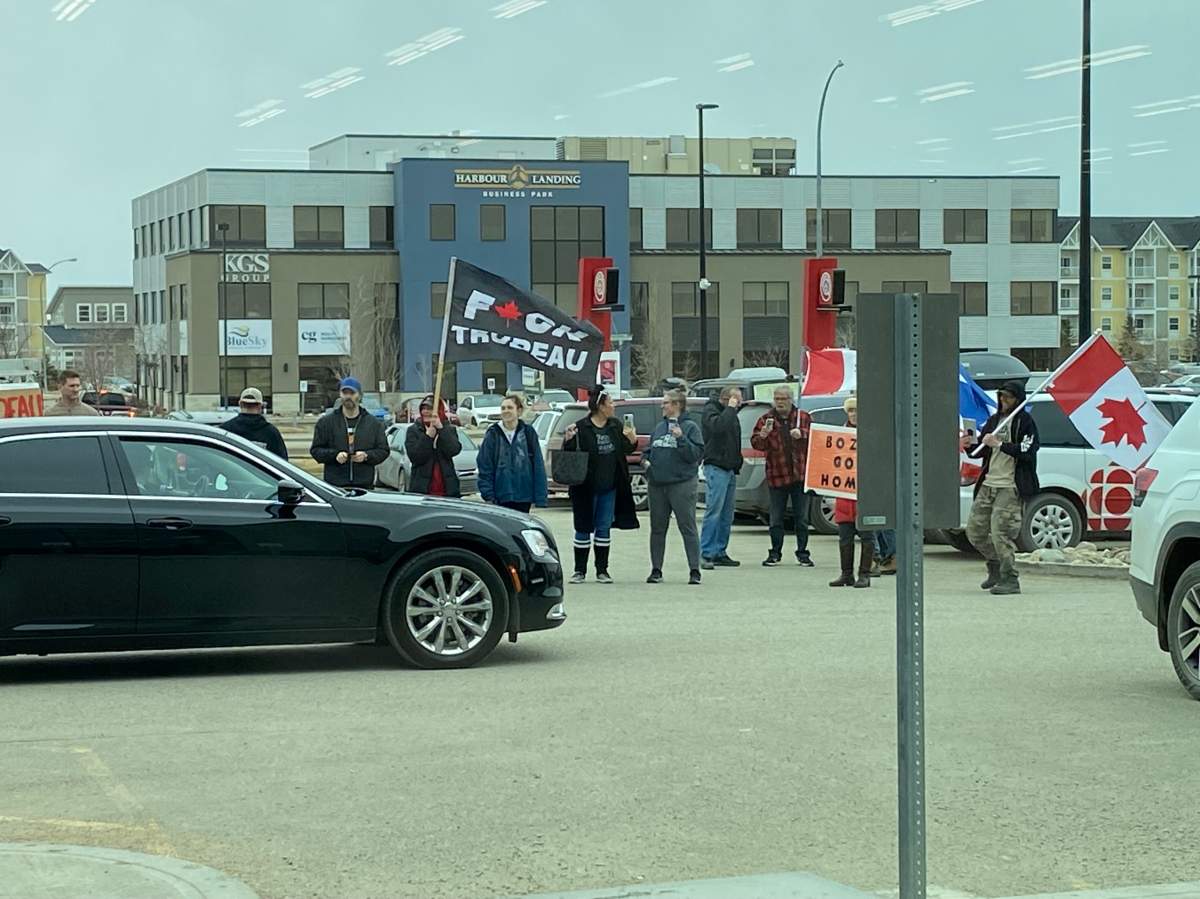 Demonstrators were seen outside the Co-op where Trudeau spoke in Regina.