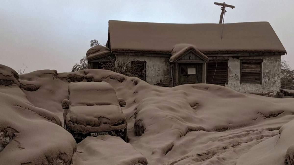 Screengrab from a Reuters video showing a town in Russia's far east Kamchatka peninsula blanketed in a deep layer of volcanic ash.