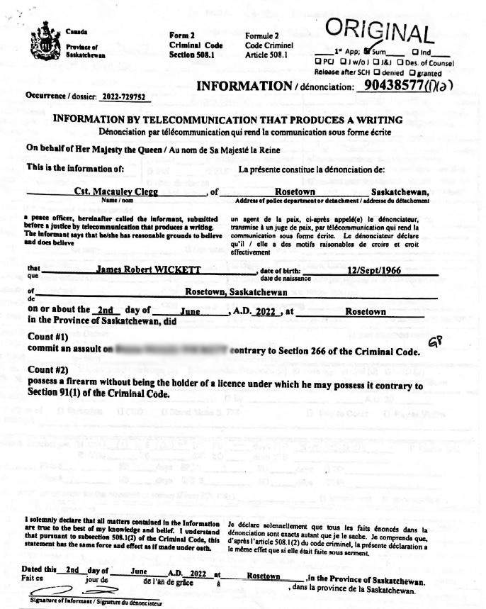 Court documents show Jim Wickett was charged on June 2, 2022 in Rosetown Saskatchewan for assaulting his wife and possessing a firearm without a licence.