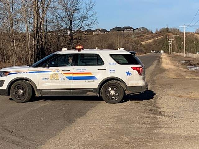 An RCMP cruiser is seen at Township Road 540 in Strathcona County on April 10, 2023.