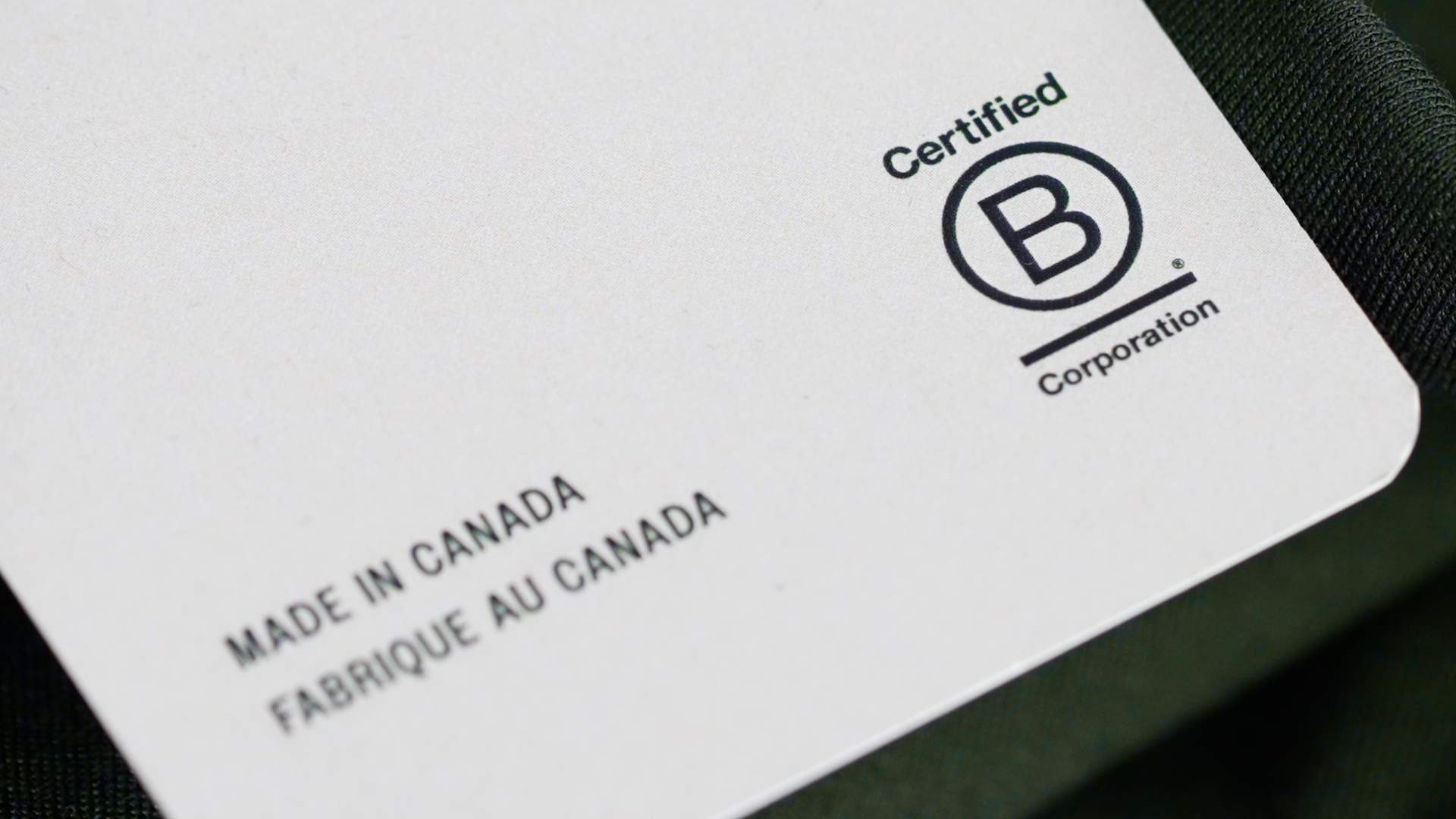 A clothing tag that says Made in Canada with B Corp certification logo.