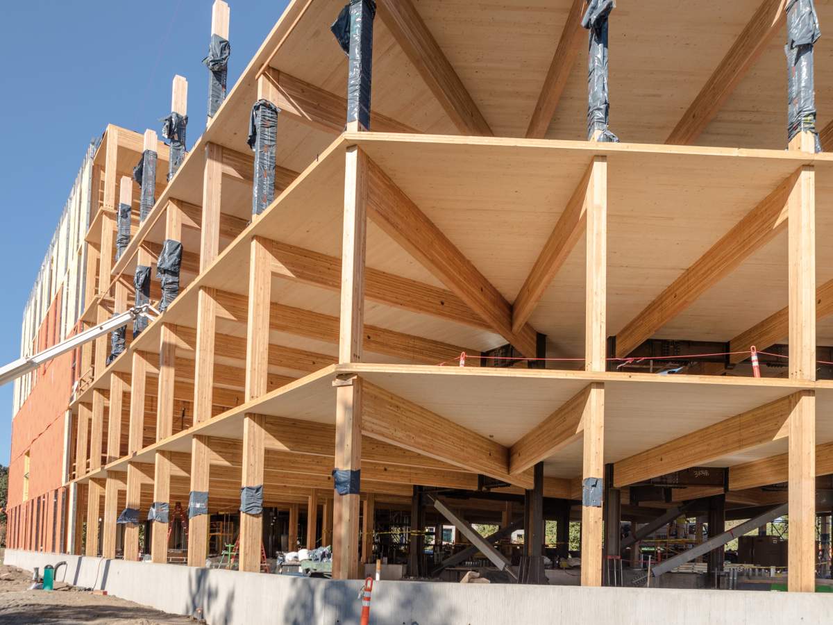 A mass-timber building under construction.
